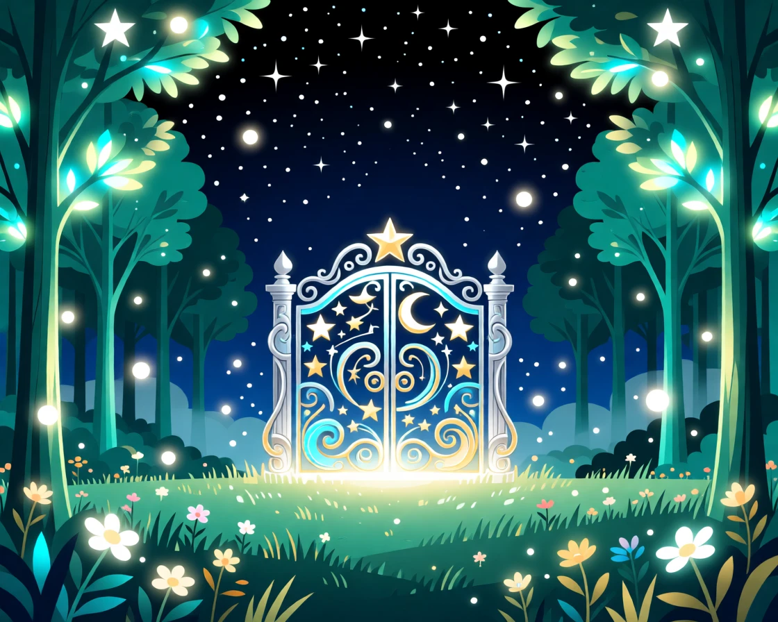 A celestial garden gate glowing at the edge of a starlit meadow, surrounded by an enchanted forest alive with soft light, composed with layered depth creating a vast fantastical world, with subtle magical particles drifting through the air.