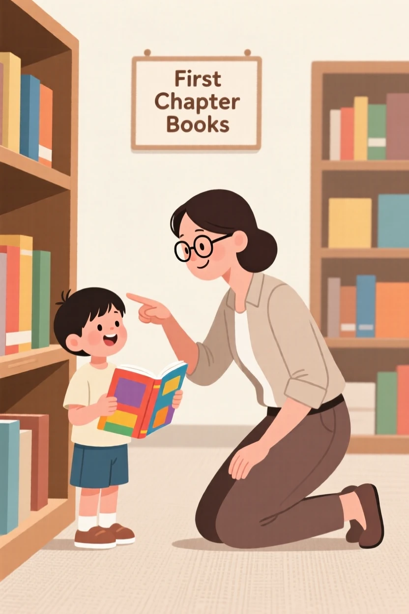 A librarian helping a young child pick out their first chapter book.