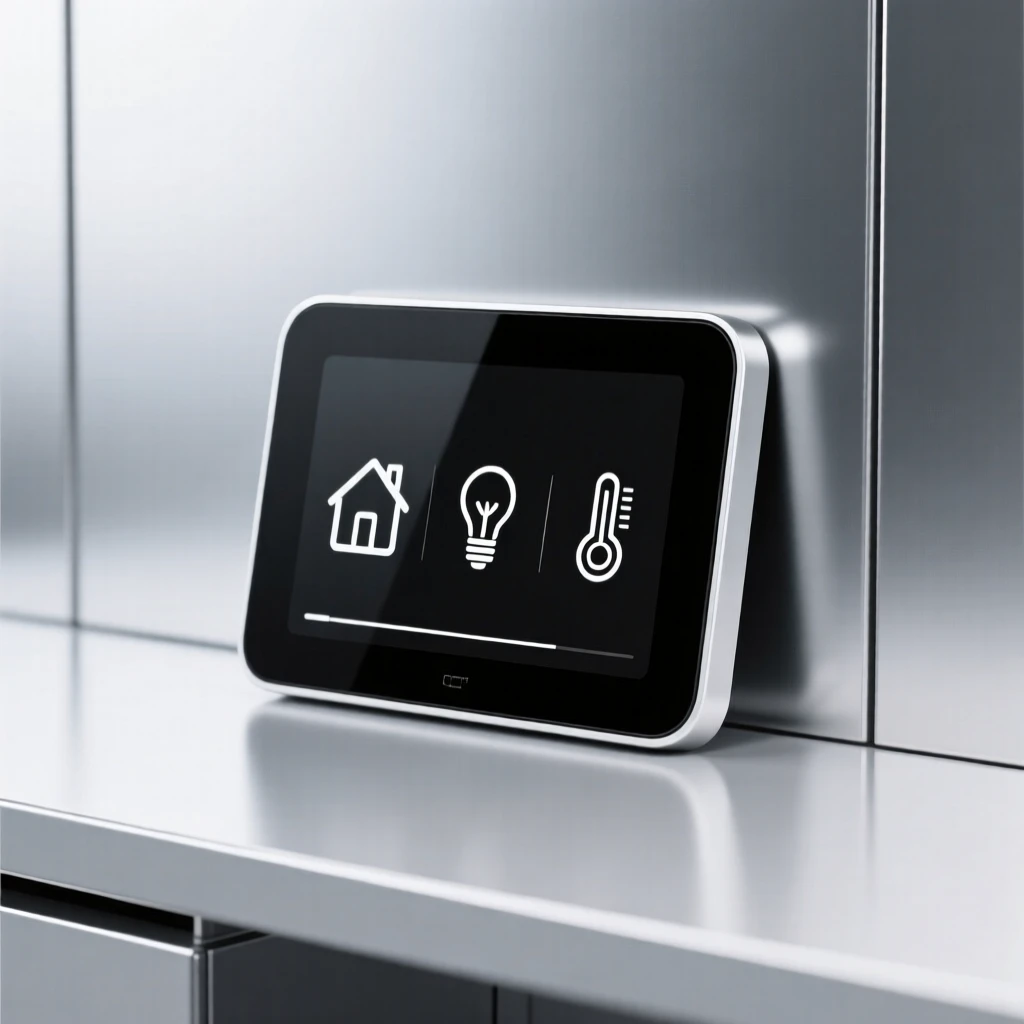 A sleek smart home control panel placed in a minimalist tech office, surrounded by sleek metallic surfaces, conveying forward-looking innovation.