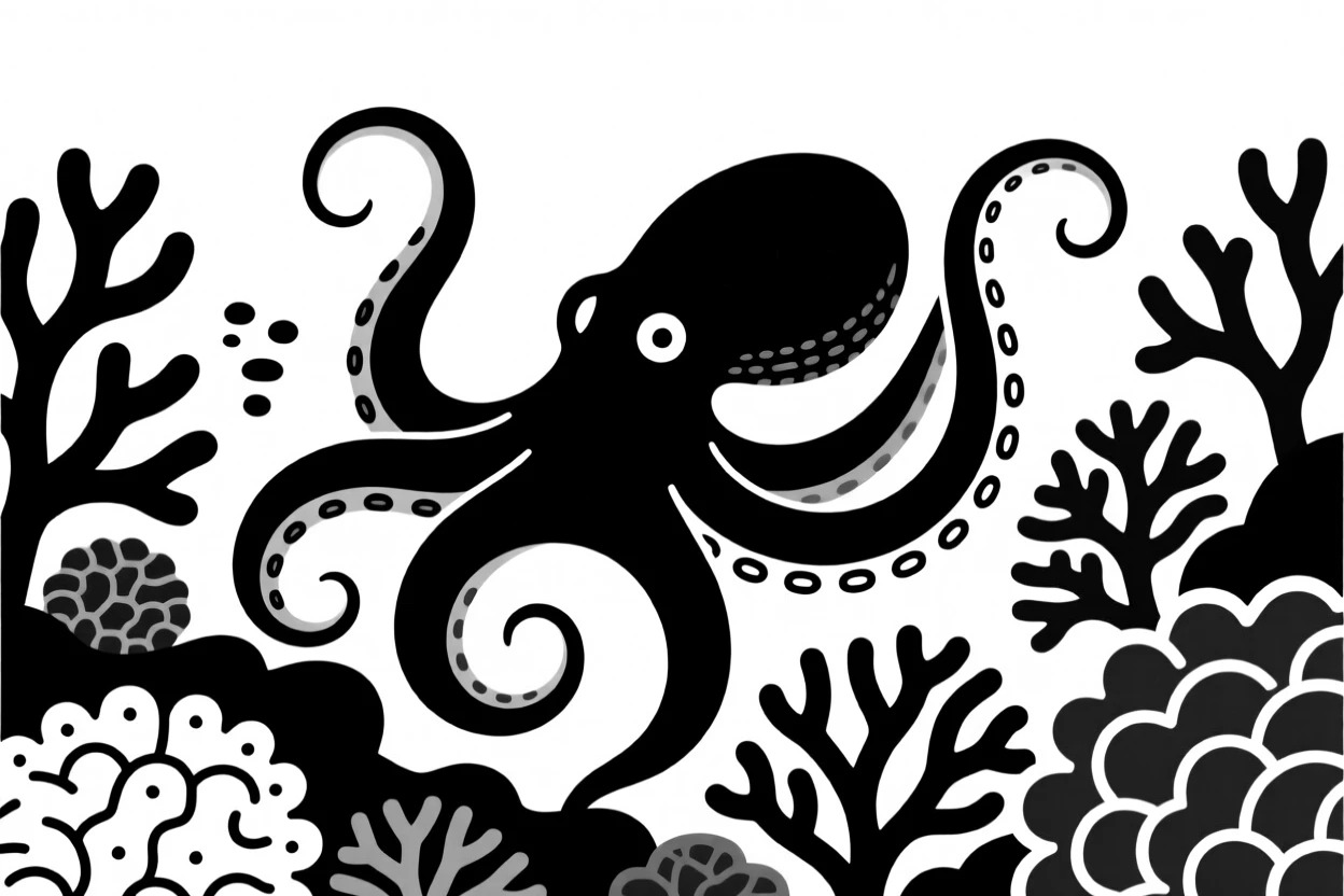 An octopus camouflaged against a coral reef.