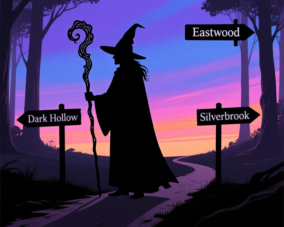 A wandering wizard leaning on a tall carved staff at a forest crossroads.