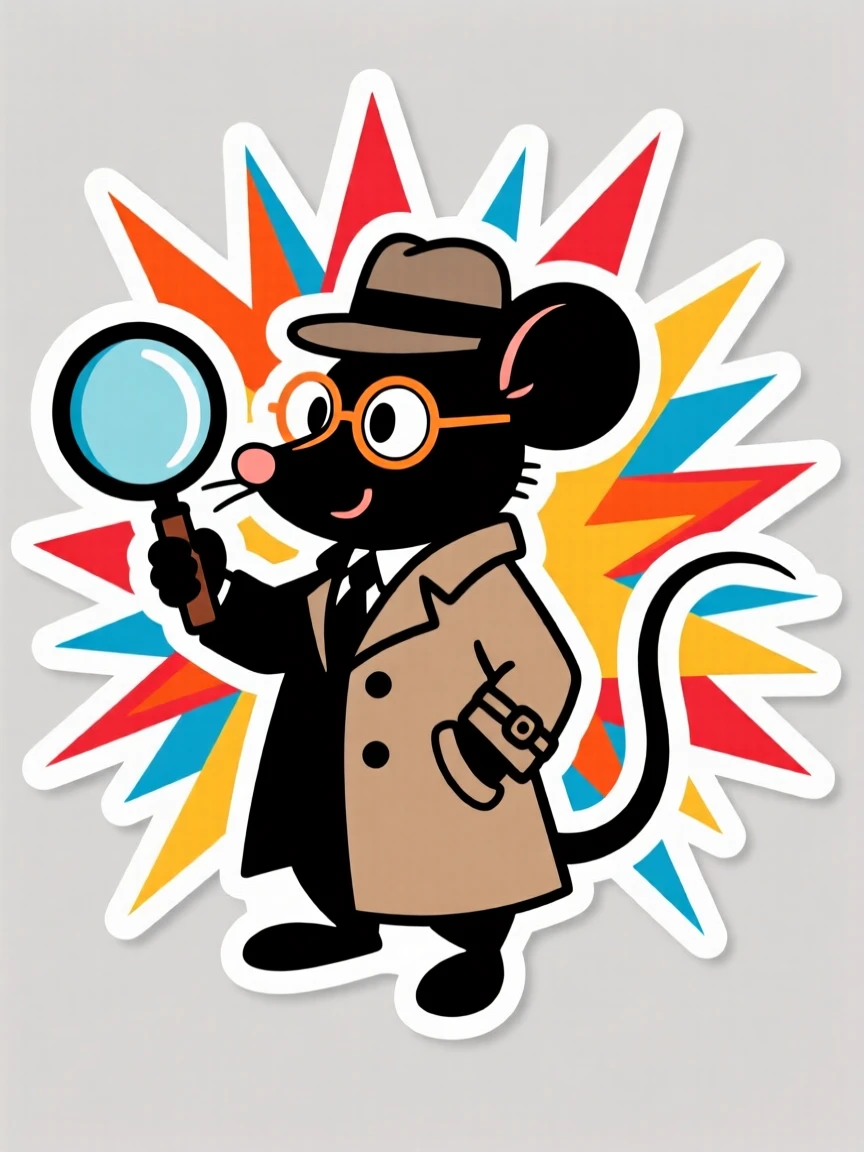 A playfully retro detective mouse holding a magnifying glass, framed by a burst of colorful energy, during a thrilling made-up quest.