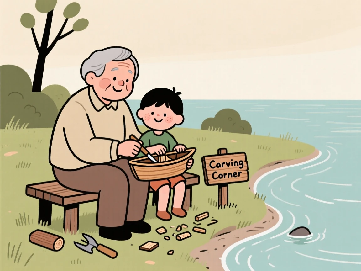 A grandparent shows a young grandchild how to carve a small wooden boat in the quiet backyard, both taking their time as the water laps gently at the shore.