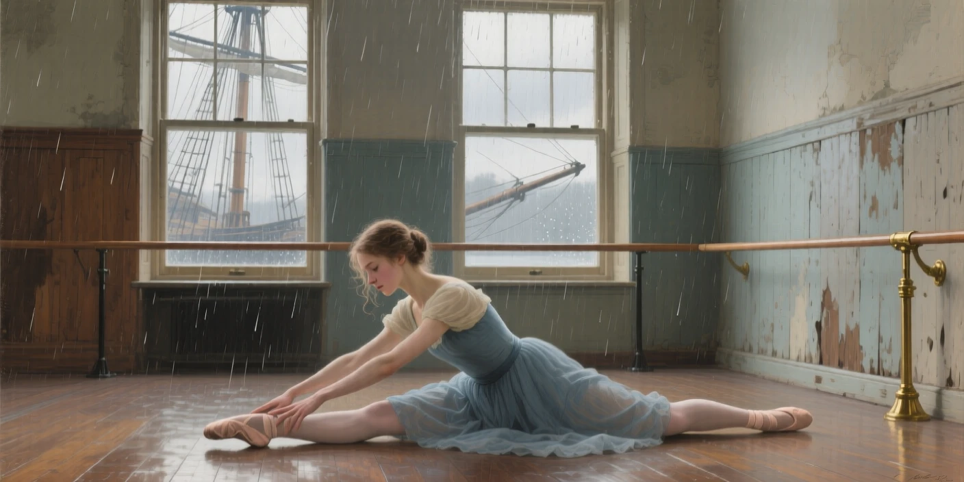 An intimate close-up of a young dancer stretching before a rehearsal in an empty studio, in the age of sailing ships, during a light rain.