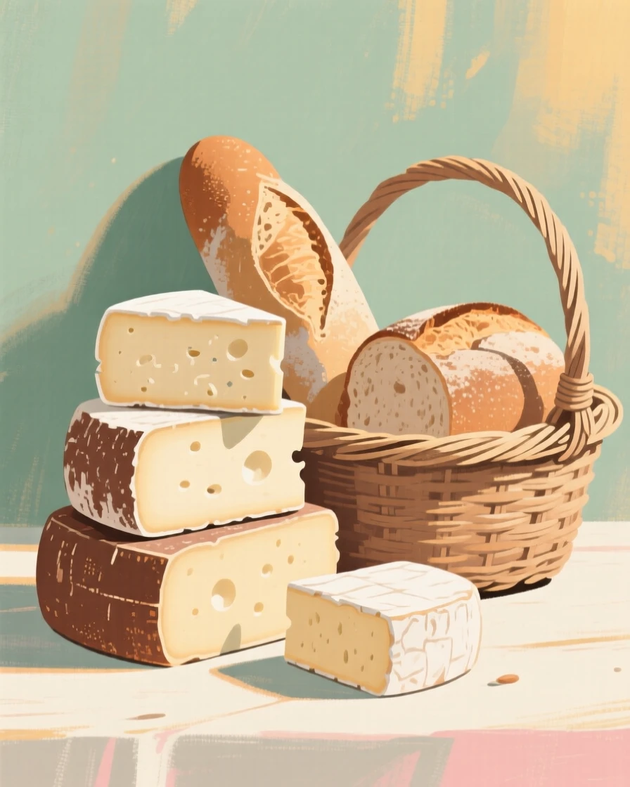 A stack of cheese wheels beside a basket of crusty bread