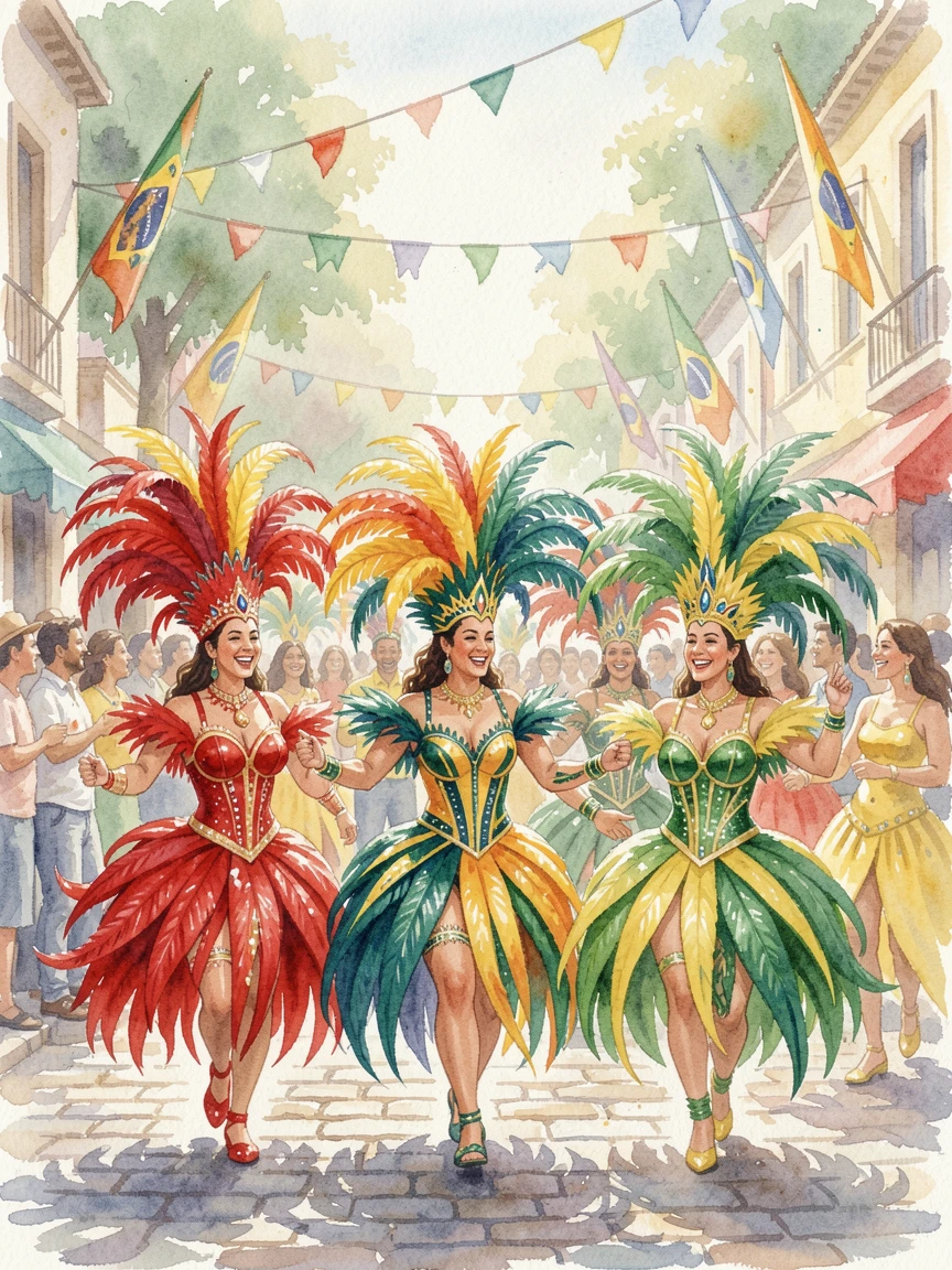 A Brazilian carnival parade with vibrant feathered costumes as the community gathers together in celebration.