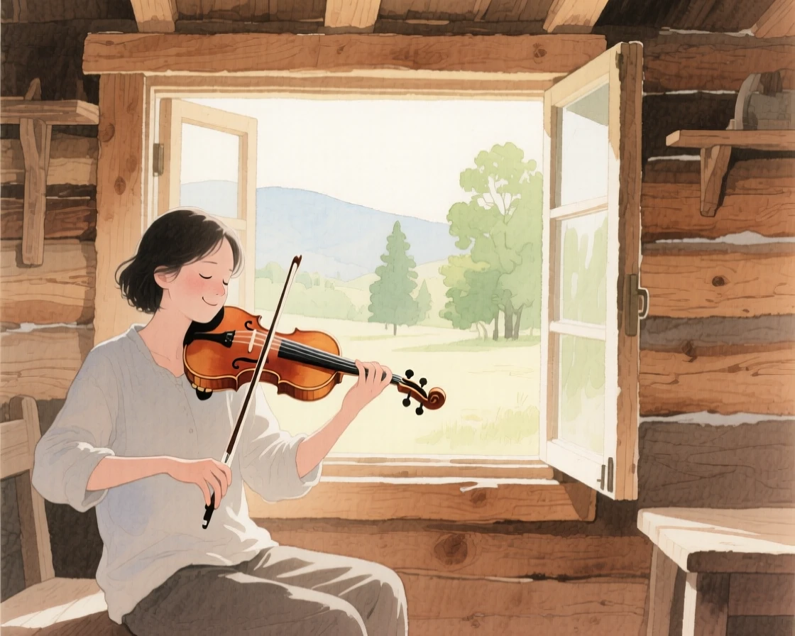 A peaceful scene of someone playing violin by an open window in a rustic wooden cabin, fully absorbed in a quiet, joyful moment