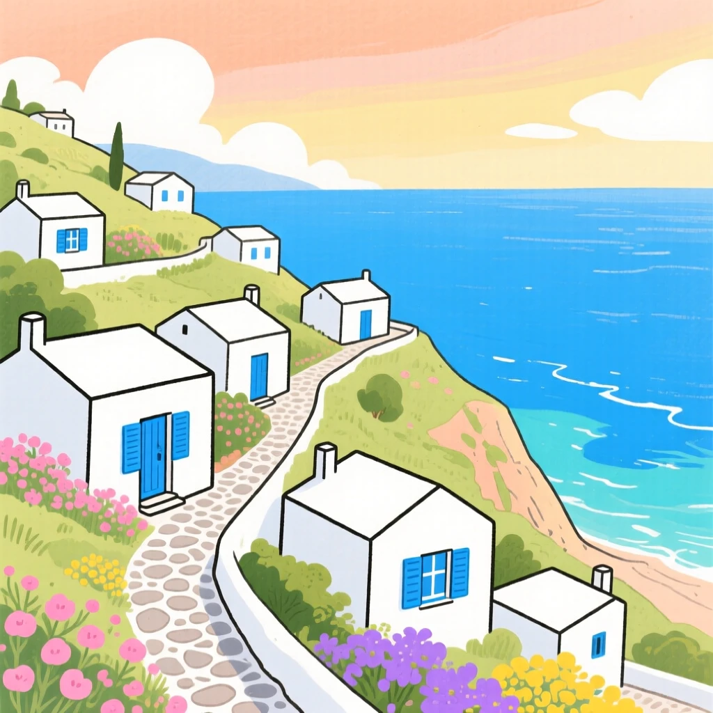 A stunning view of a hillside village of whitewashed houses over the Aegean Sea.