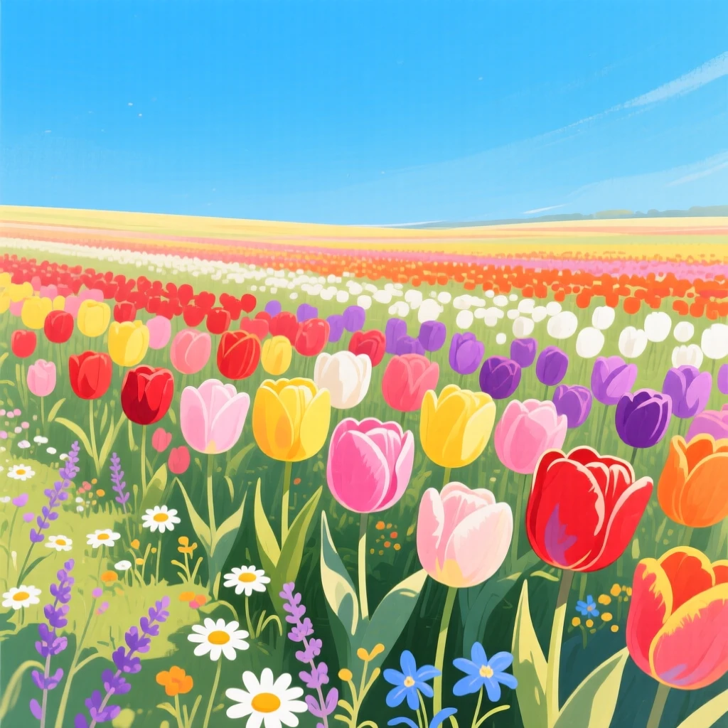 A field of tulips in every color under a bright blue sky, with wildflowers scattered across the foreground, evoking peaceful serenity and awe.