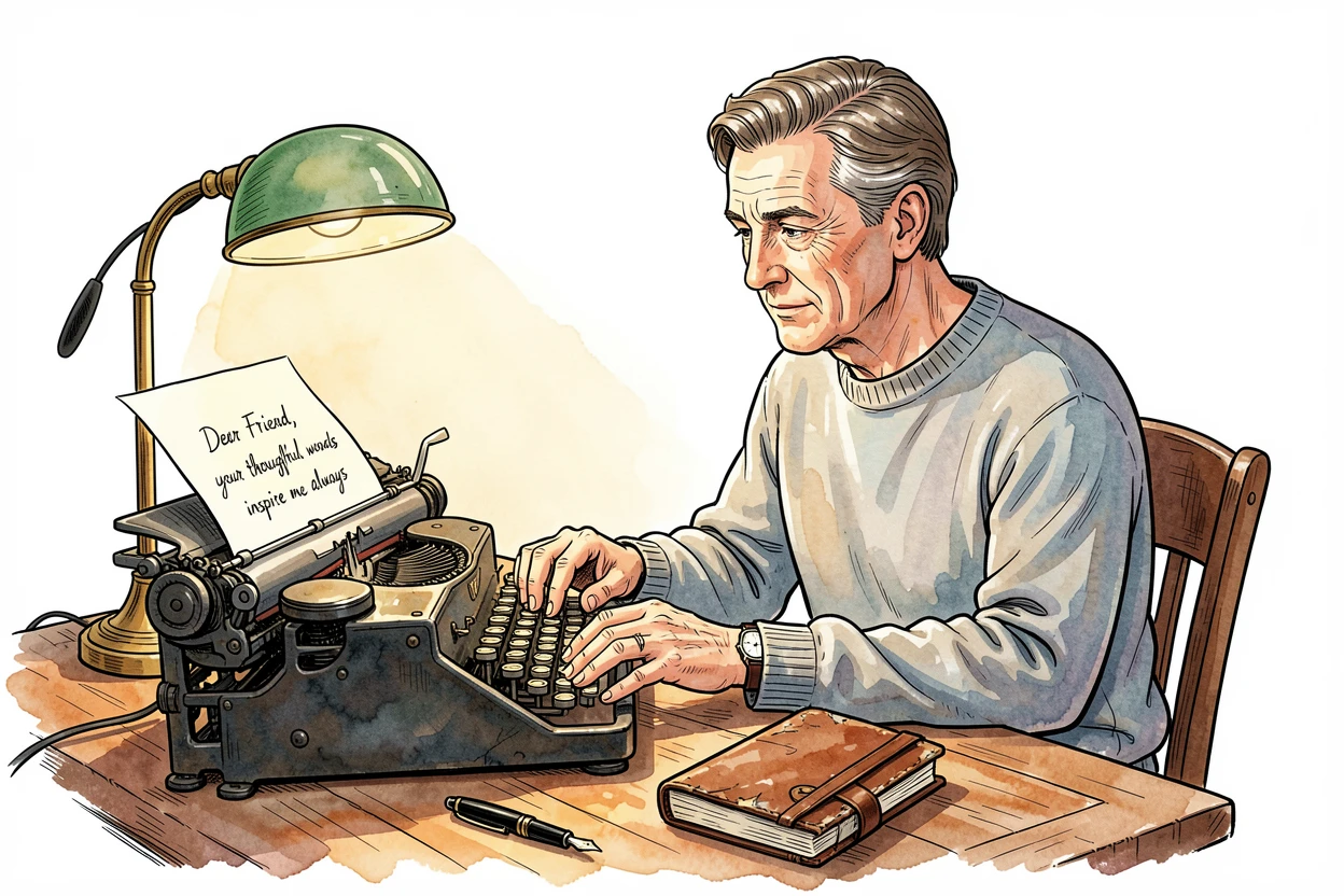 A vintage typewriter enthusiast composing a letter by lamplight, small details revealing years of practiced dedication.