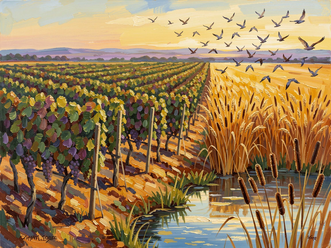 Rows of grapevines stretching toward the horizon, a flock of birds rising suddenly from the grain field, near a small pond fringed with cattails, at golden hour, the fields glowing amber.