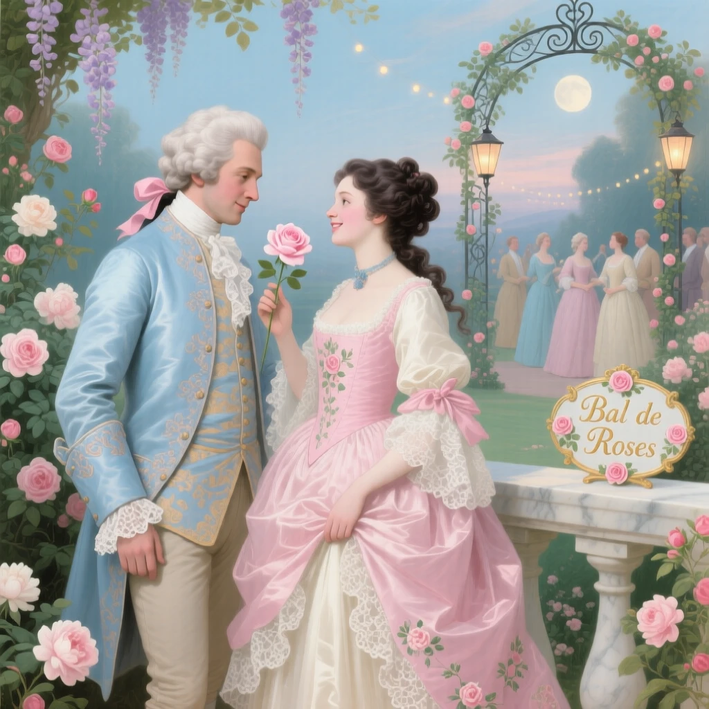 A gentleman placing a rose in a lady’s hair before a garden dance  