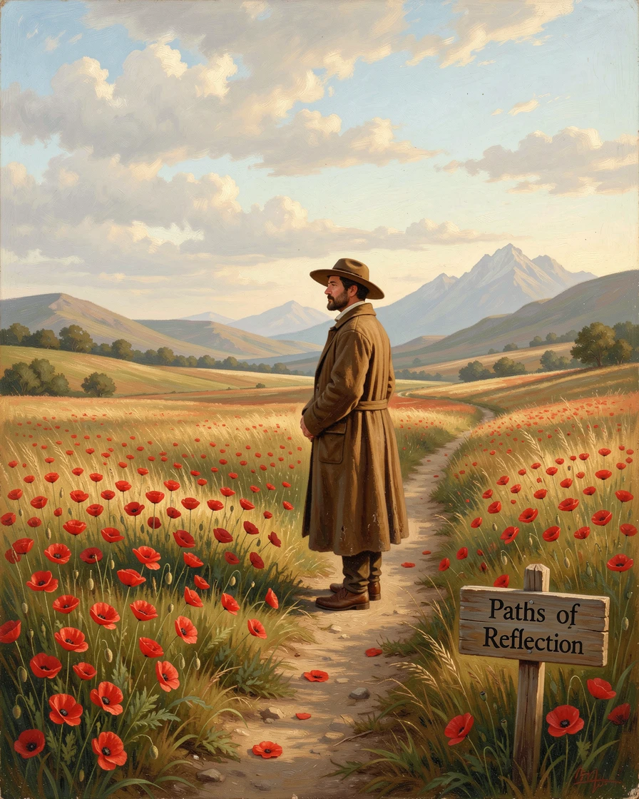 A quiet field of poppies swaying in the wind, with a solitary traveler pausing to take in the view.