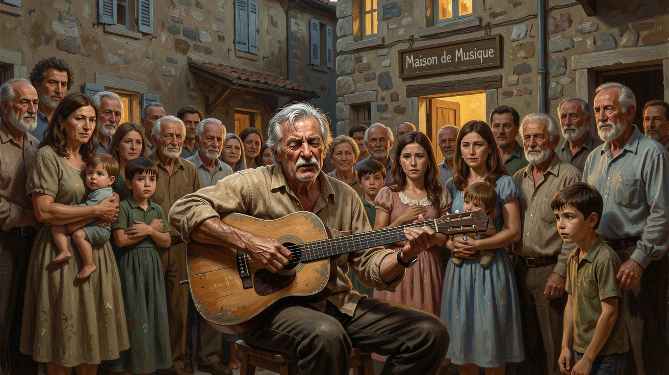 A blind musician performing passionately to a captivated crowd, with the surrounding crowd or community sharing in the emotion, radiating hope, gratitude, and heartfelt connection