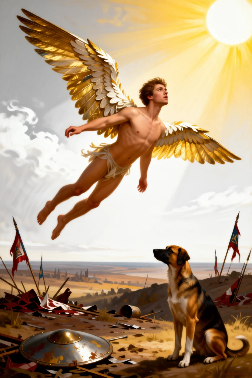 Icarus soaring toward the sun on wings of feathers and wax at the height of a decisive and unforgettable moment, set on a windswept battlefield strewn with fallen standards, with a faithful hound and a fallen shield resting nearby; the horizon splits the scene between earthly struggle and divine light, capturing the timeless clash of glory and mortality.