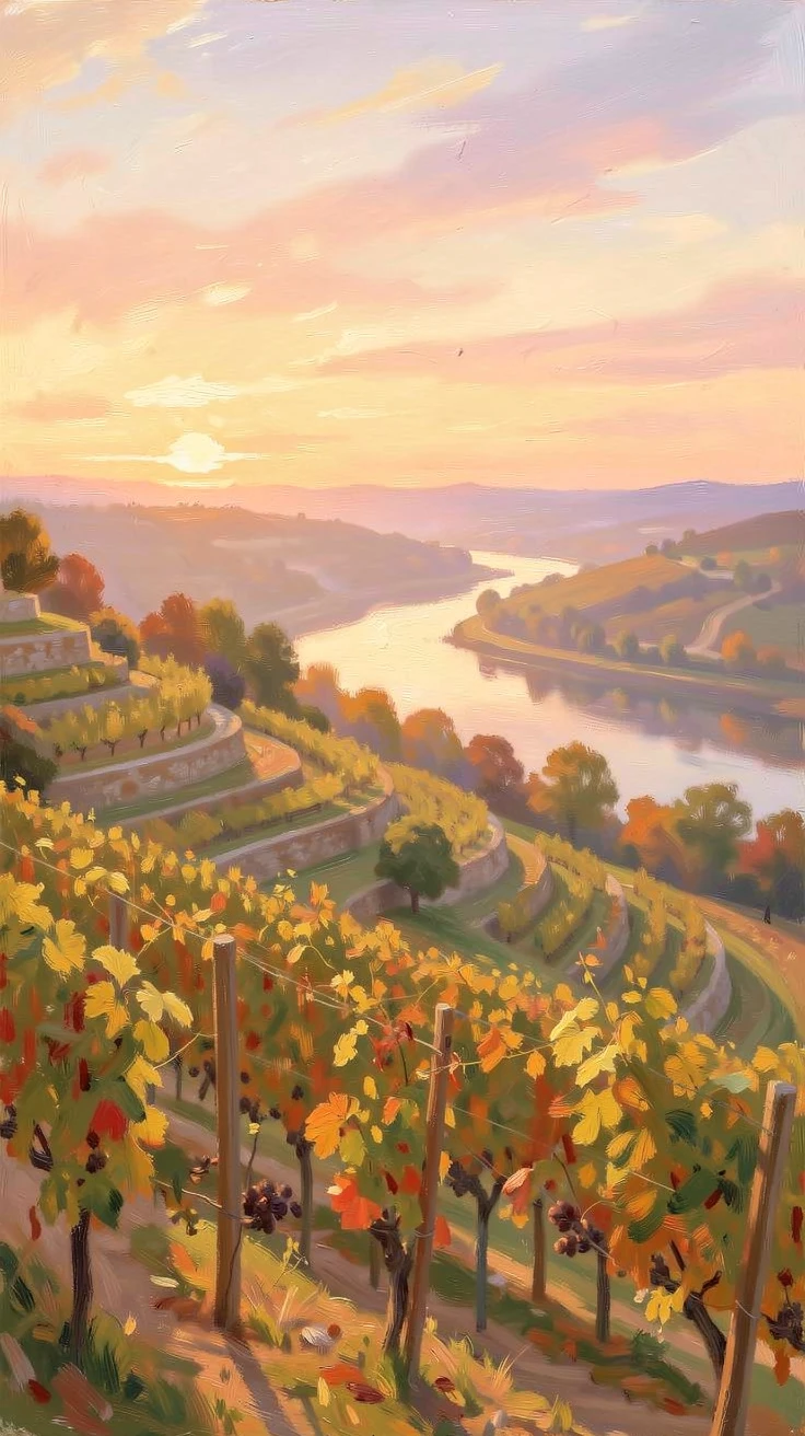 A terraced hillside vineyard overlooking a wide river valley in early autumn light, at golden sunrise.