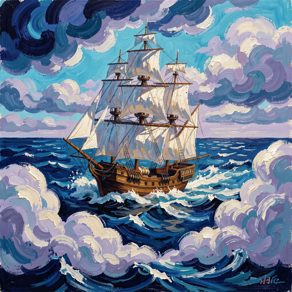 A ship sailing through a sky ocean, clouds parting like waves beneath its hull.