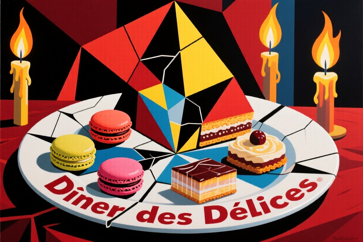 A mouthwatering image of a plate of colorful macaroons and pastries plated elegantly for a candlelit dinner.