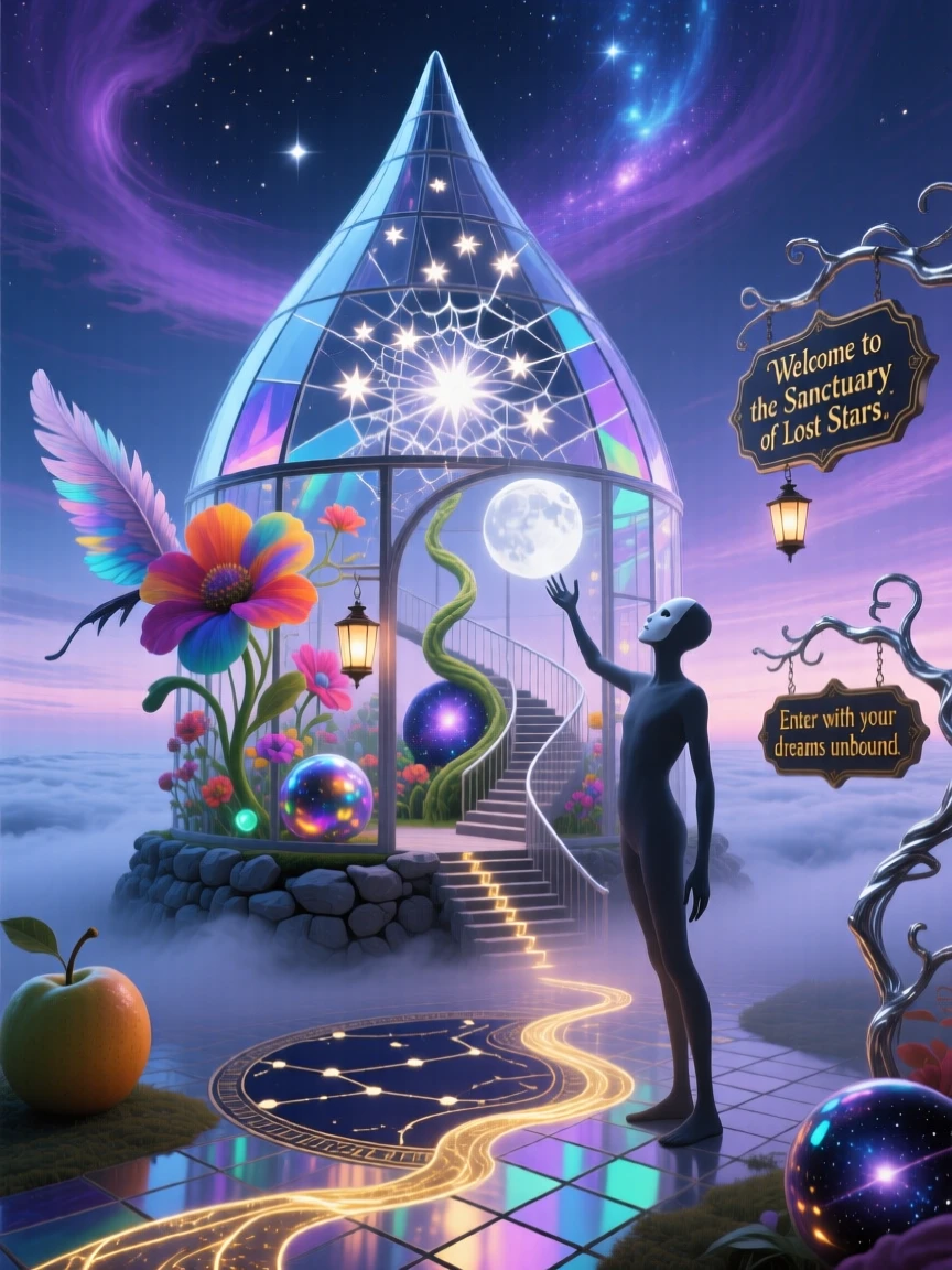 A greenhouse shaped like a giant glass teardrop rises from a sea of drifting fog, and stars seem to nest between its stones.