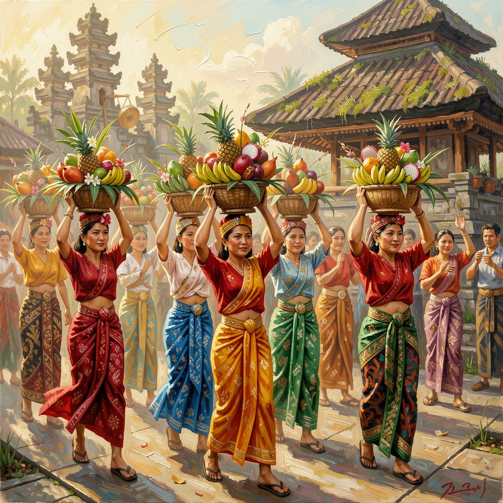 A traditional Balinese temple ceremony shows women in colorful sarongs carrying elaborate fruit offerings atop their heads in procession, the atmosphere charged with music, movement, and a shared sense of celebration.