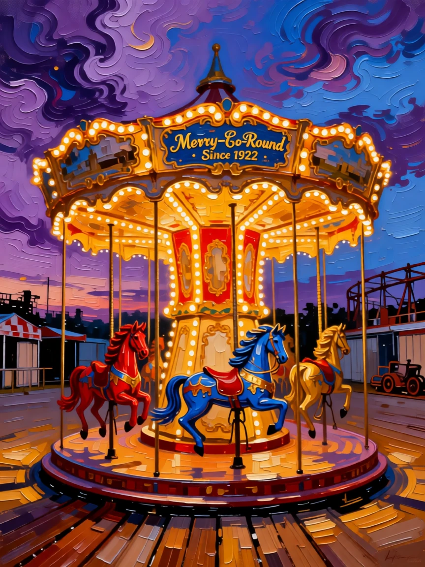 A vintage carousel lit with warm bulbs spinning in an empty amusement park at dusk