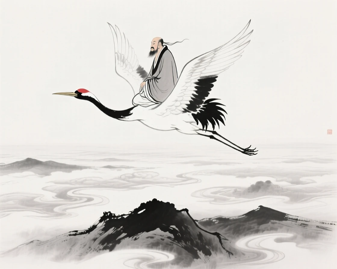 An immortal sage rides a crane above a sea of clouds, with mist swirling slowly around the mountain's base.