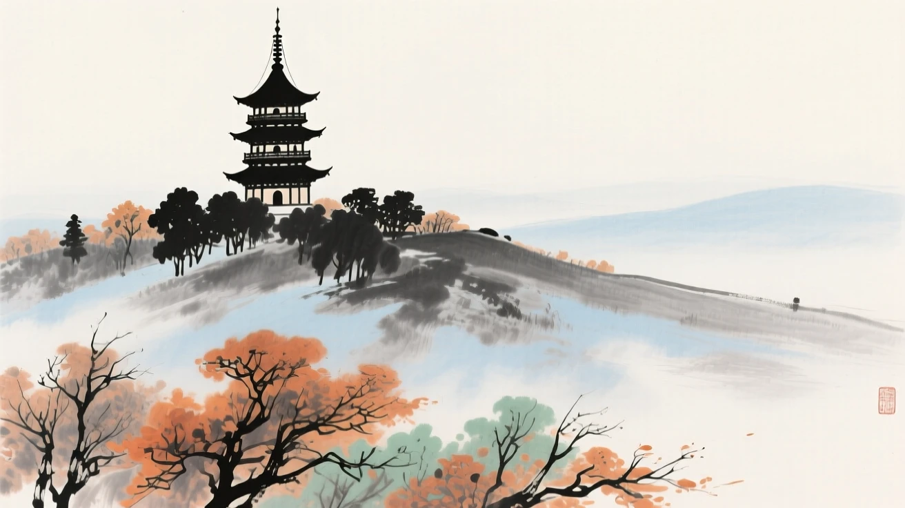 A pagoda rising above the tree line on a distant hill, in late autumn, through a light drifting mist.