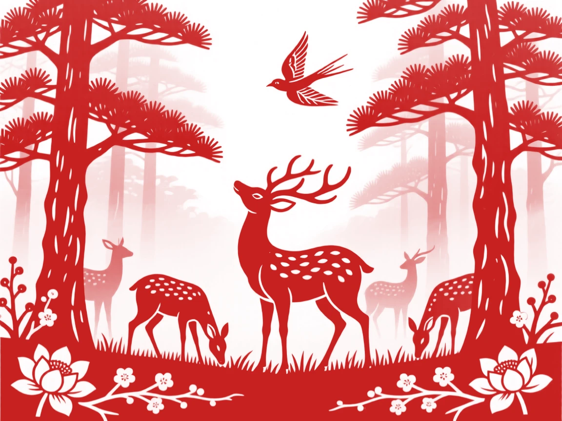 A herd of deer grazing beneath towering pines in a misty forest clearing, one lifting its head to watch a distant bird