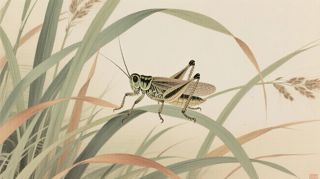 A small cricket among tall grasses swaying in the breeze