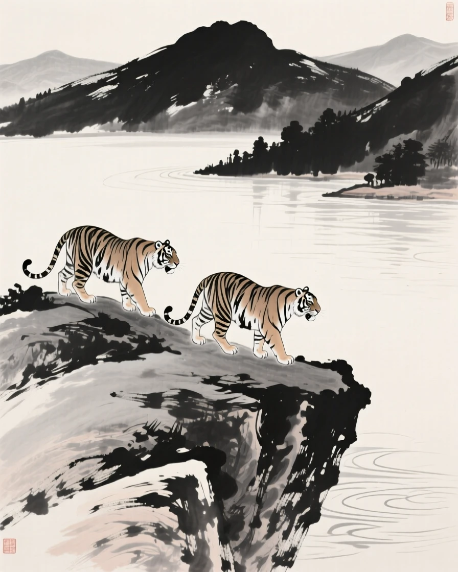 A pair of tigers wandering along a windswept ridge beside a tranquil mountain lake, framed low to the ground for an intimate, close perspective, suggesting calm alertness within a peaceful world.