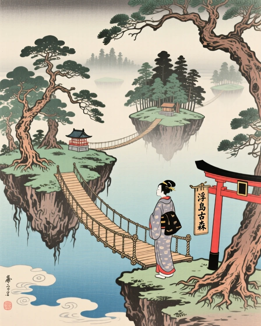 Floating islands connected by rope bridges, standing at the edge of an ancient forest.
