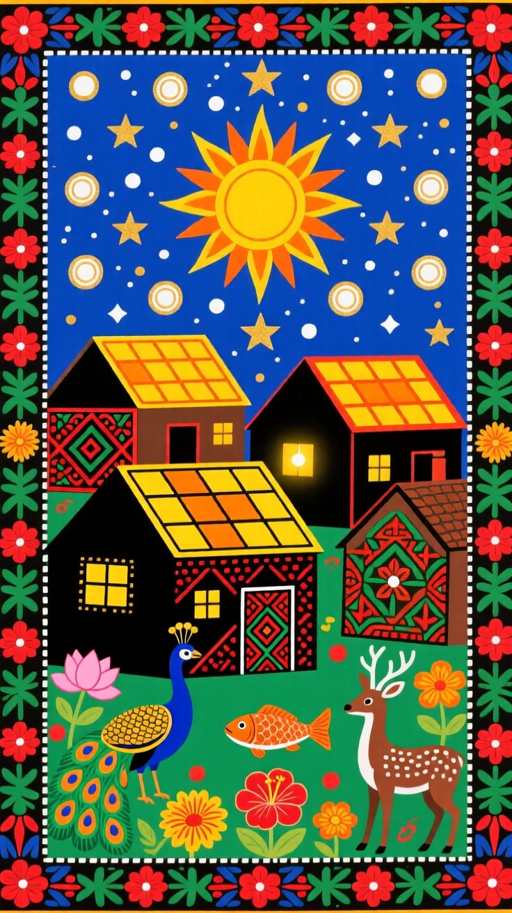 A solar-powered village glowing softly beneath a starry sky.