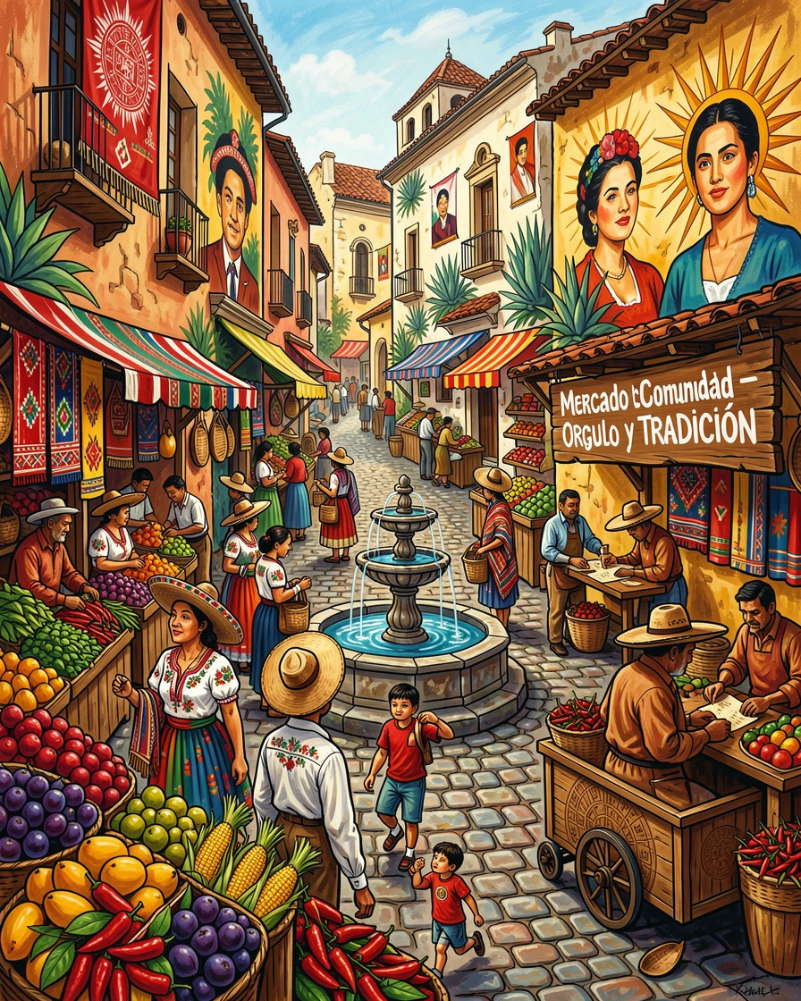 A colorful street market winding through an old quarter