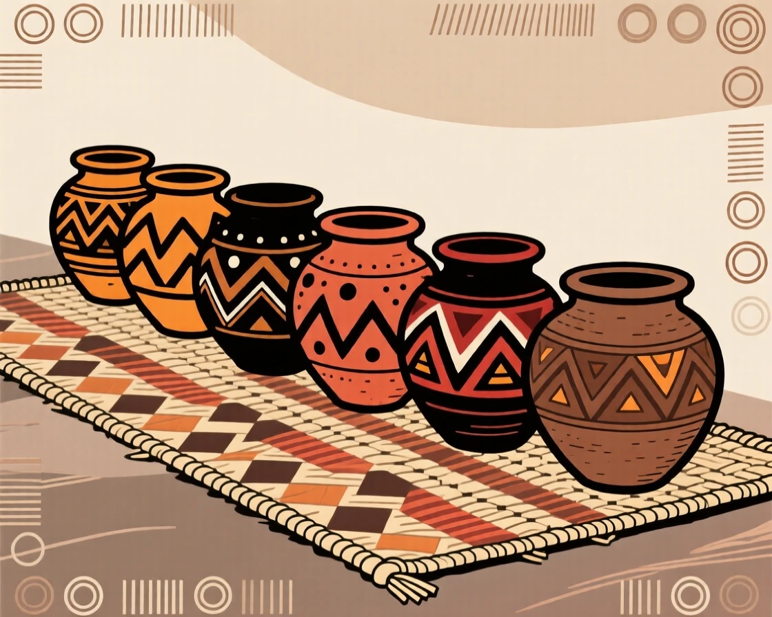 A row of clay water pots arranged neatly on a woven mat.