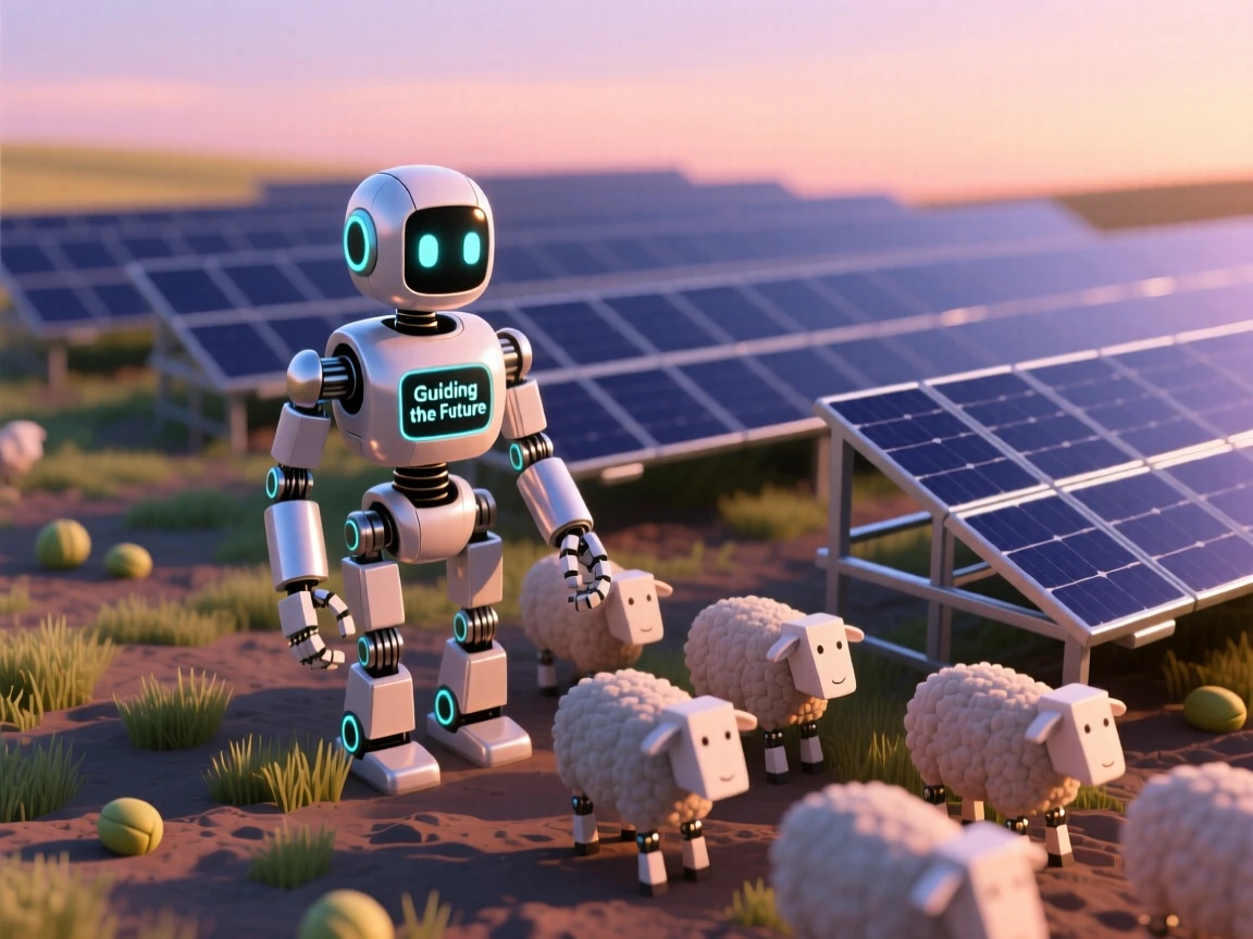 A robot shepherd guiding a flock of mechanical sheep across a solar farm at sunset.