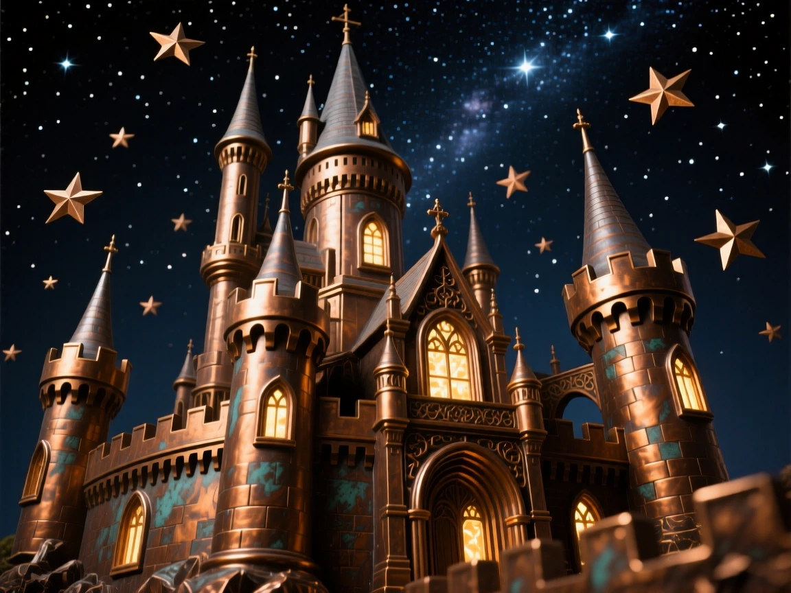 An enchanted castle glowing beneath a starry sky, glowing with magical, luminous light, transporting the viewer to another world