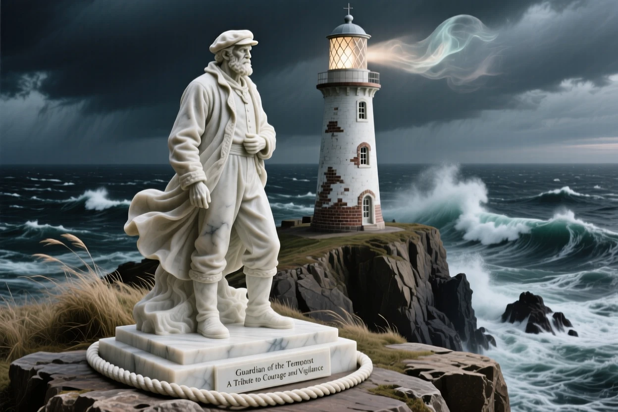 A vivid, emotionally rich scene of a lighthouse keeper watching over a stormy sea, captured with cinematic depth and detail, designed to captivate and inspire