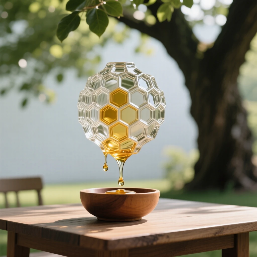On a table set outdoors beneath a shady tree, a honeycomb dripping slowly into a small wooden bowl