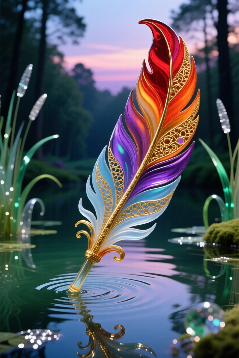 A grand phoenix feather drifting gently onto a still forest pond at dusk, poetic and delicate.