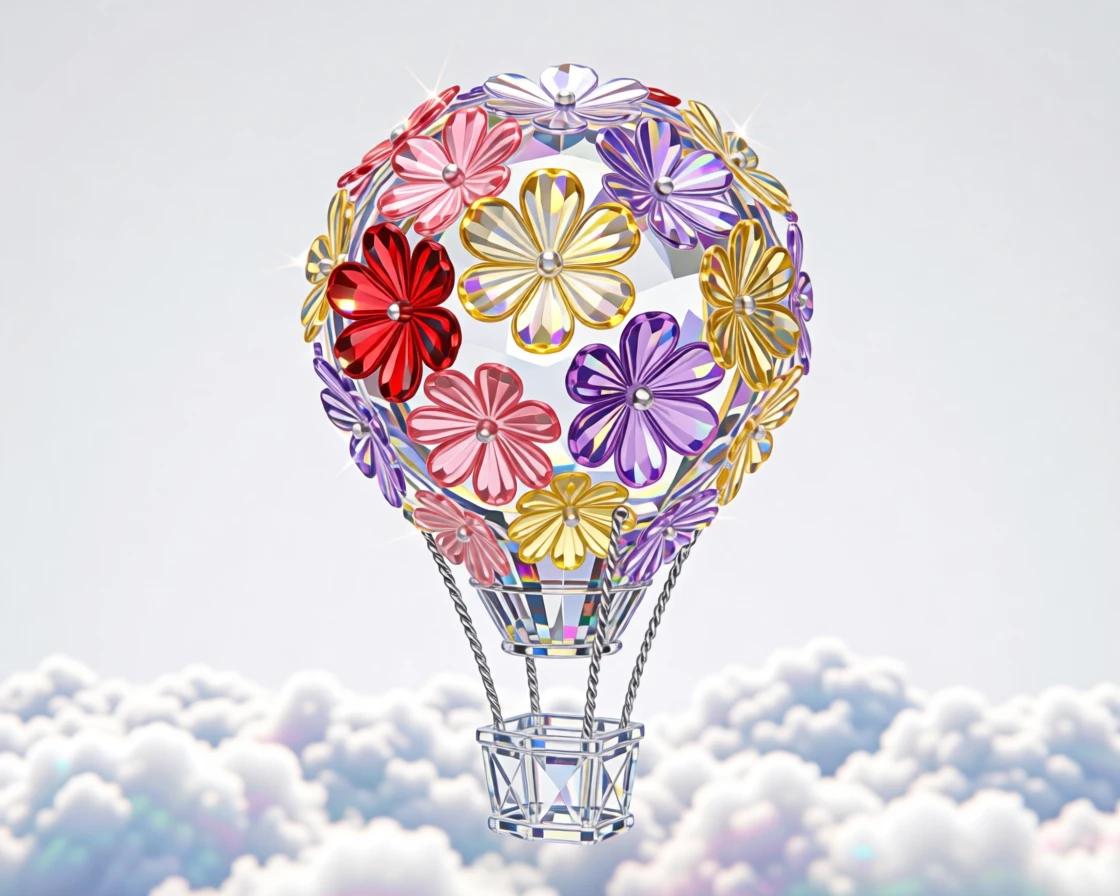 A dreamlike hot air balloon made entirely of blooming flowers floating above clouds.