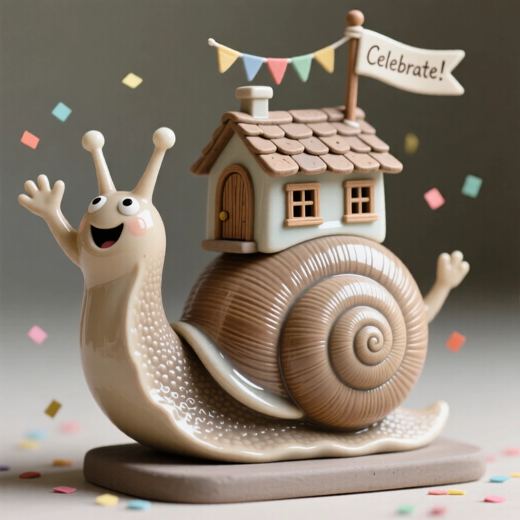 A snail carrying a tiny house on its back captured mid-celebration with joyful energy, with tiny expressive details bringing the scene to life, evoking childlike wonder and gentle humor.