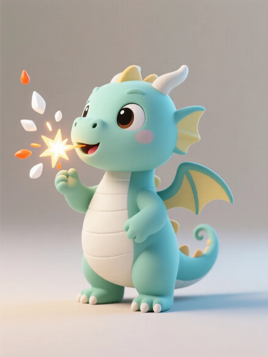 A curious young dragon practices breathing tiny sparks instead of flames, proud of each small success.