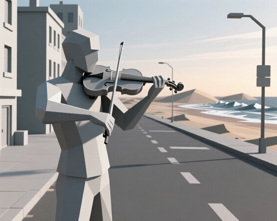 A violinist performing on an empty city street, on a windswept beach at dawn. natural light enhances the authenticity of the scene. A wave of nostalgia fills the moment.