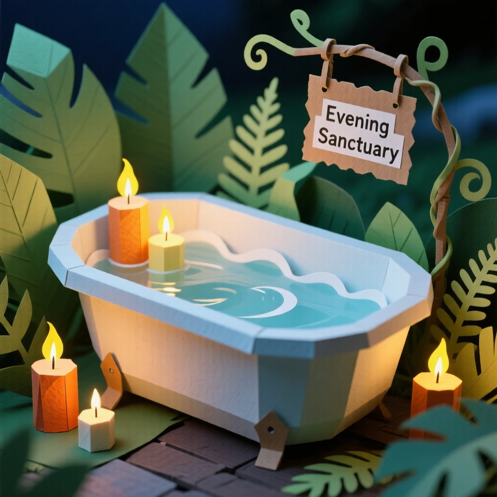 A candlelit bath surrounded by greenery glowing warmly in the evening, with soft natural textures throughout the scene, evoking peaceful simplicity and comfort.