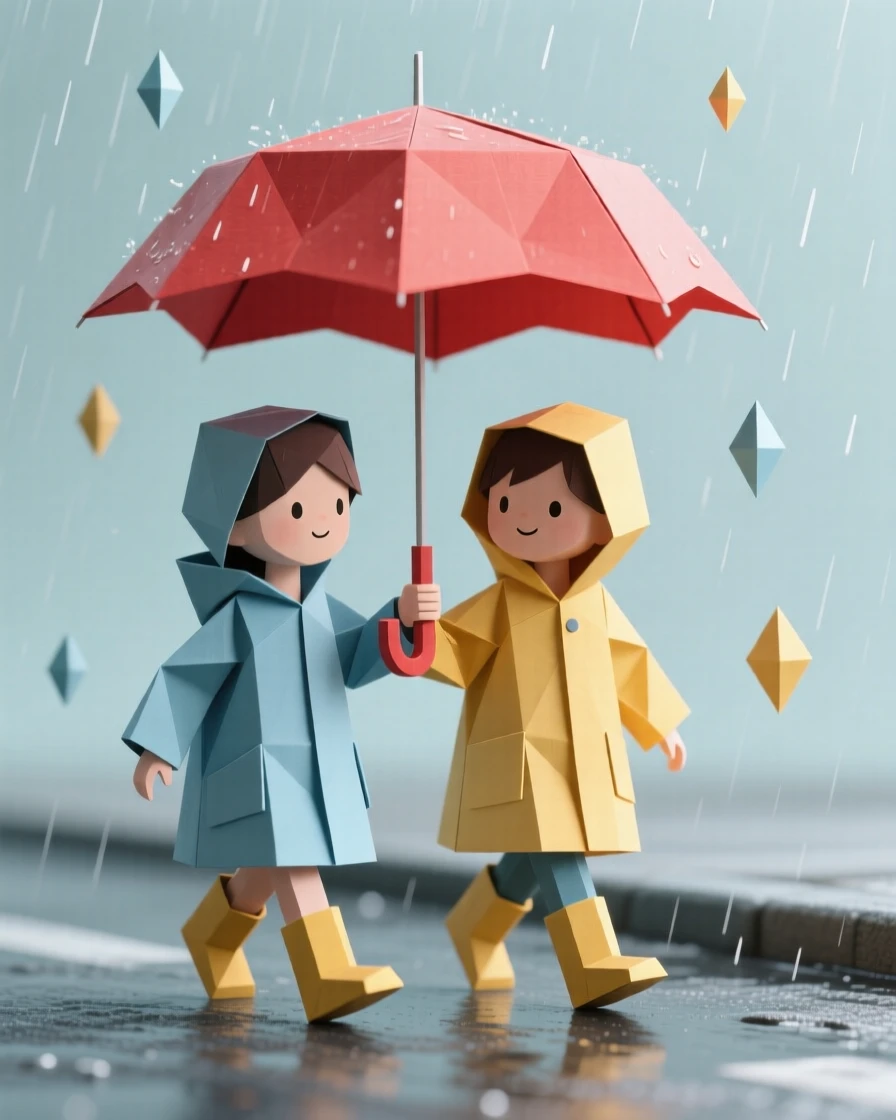 A child sharing their umbrella with a classmate on a rainy walk home.