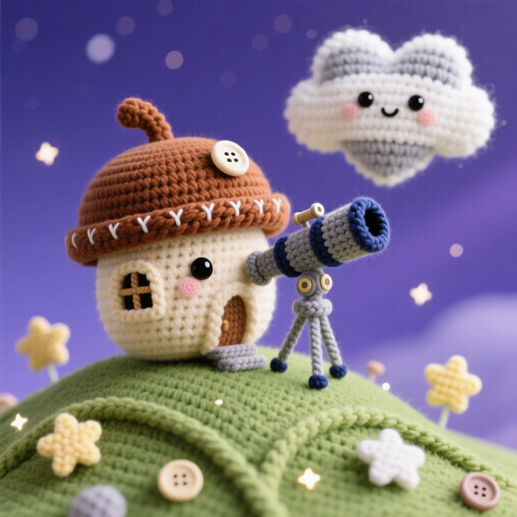 a tiny observatory built inside a giant acorn cap, with a small telescope pointed skyward, is shown perched atop a quiet hill, drifting through a sky scattered with stars, surrounded by a single drifting cloud shaped like a heart, radiating playful imagination brought to life.
