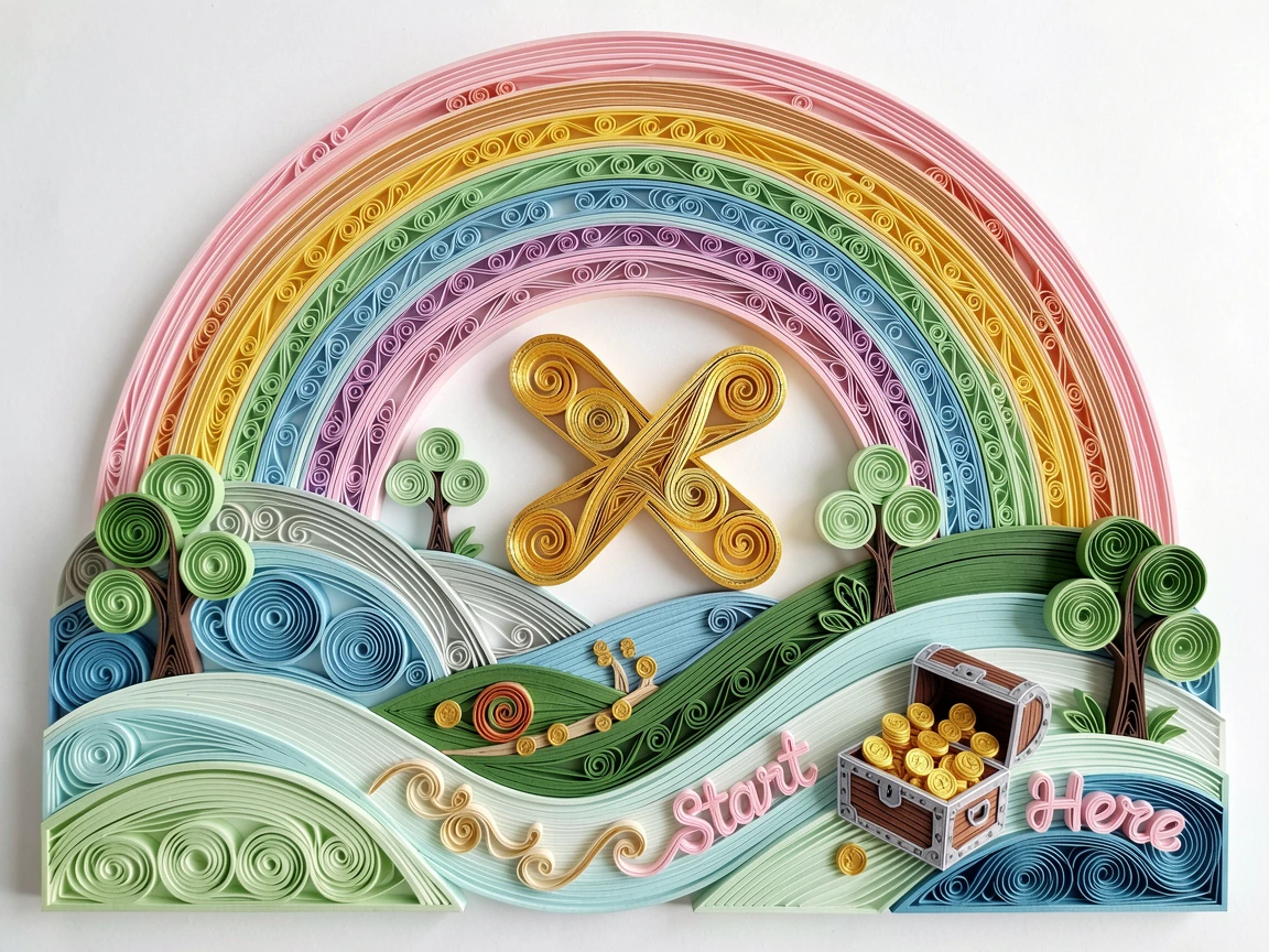 a child's treasure map leading to an X marked in gold, under a rainbow arching over rolling hills, composed with a fun, exaggerated sense of scale, in a playful pastel color scheme.