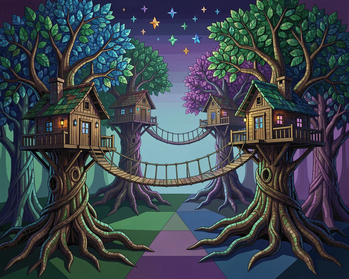 A fantasy treehouse village connected by rope bridges in a glowing forest, rendered with dramatic magical lighting and rich atmospheric detail.