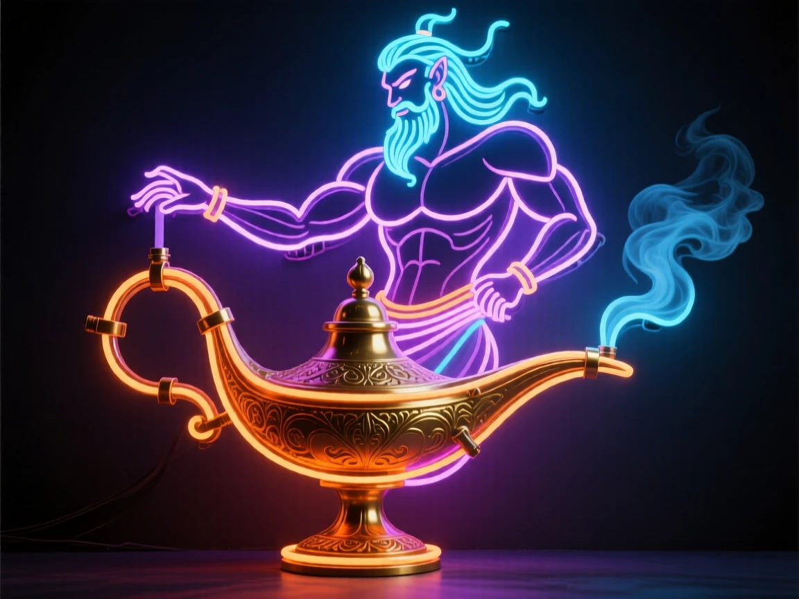 A djinn emerging from an ornate brass lamp.