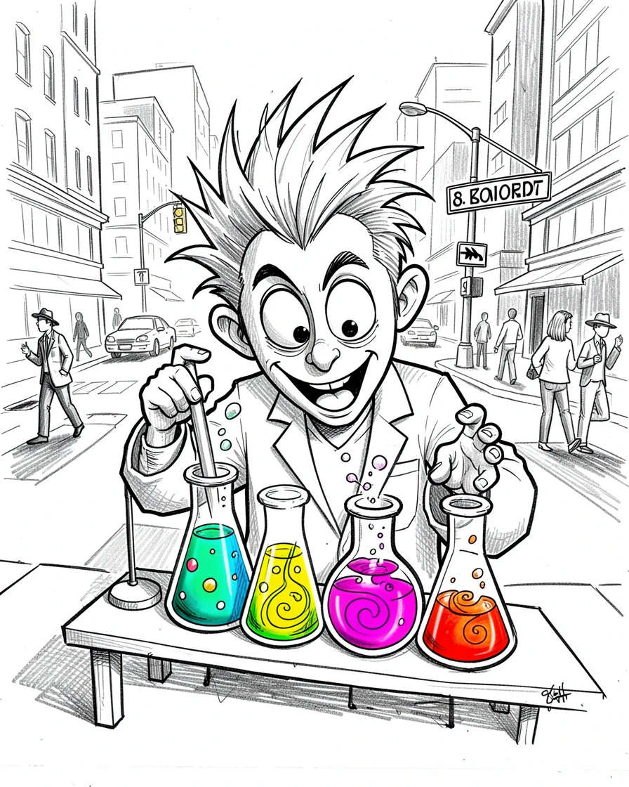 A scientist mixing colorful liquids in a lab at a busy street crossing.